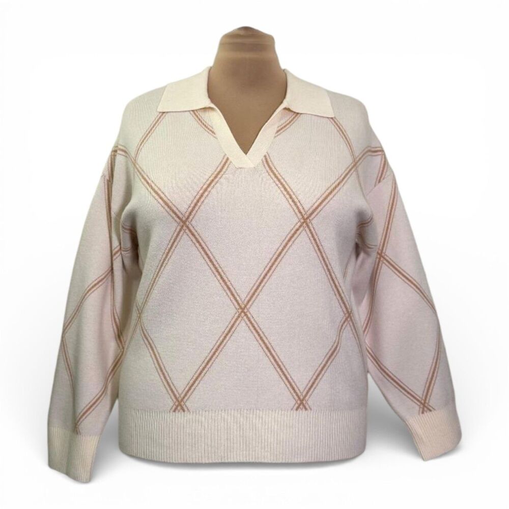 Tahari V-Neck Argyle Sweater, NEW! Size 1X